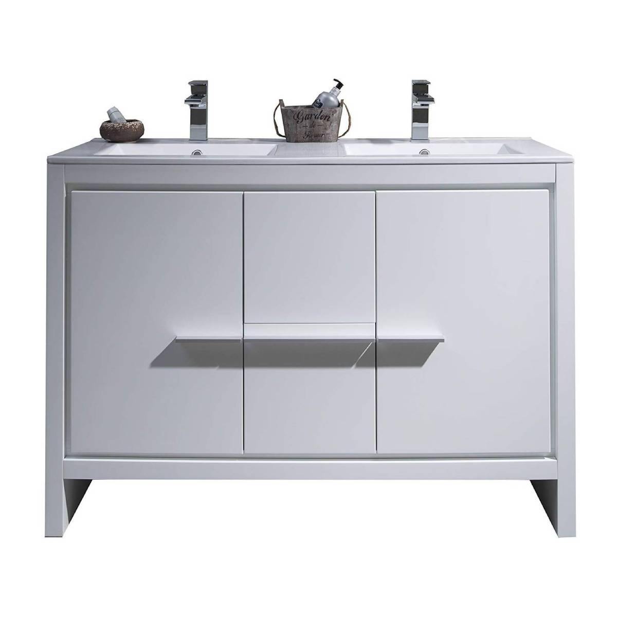 Blossom Milan 48 Inch Vanity Base in White / Silver Grey. Available with Ceramic Single Sink / Ceramic Double Sinks / Ceramic Single Sink + Mirror / Double Sinks + Mirror / Ceramic Double Sinks + Mirrored Medicine Cabinets - The Bath Vanities