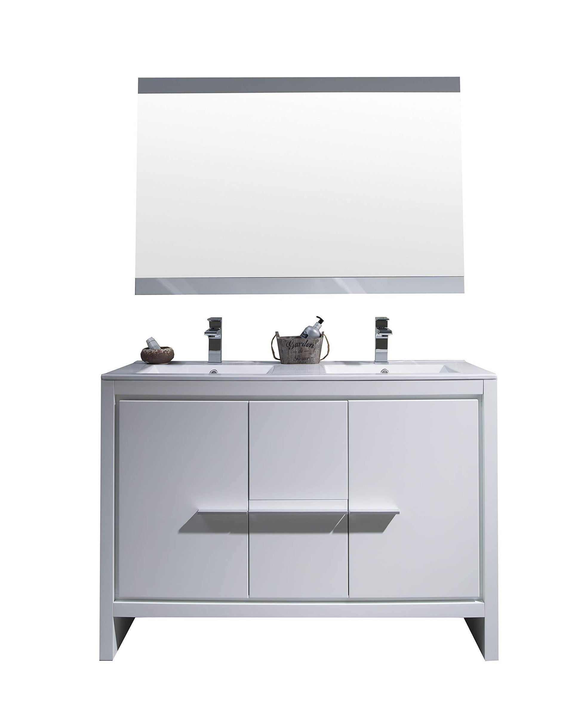 Blossom Milan 48 Inch Vanity Base in White / Silver Grey. Available with Ceramic Single Sink / Ceramic Double Sinks / Ceramic Single Sink + Mirror / Double Sinks + Mirror / Ceramic Double Sinks + Mirrored Medicine Cabinets - The Bath Vanities