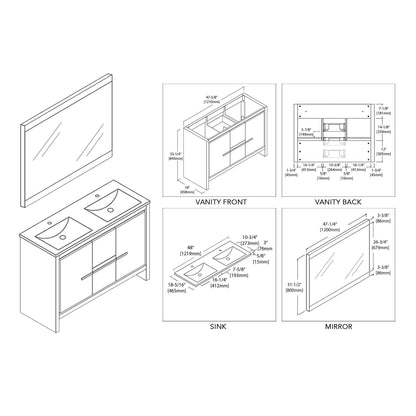 Blossom Milan 48 Inch Vanity Base in White / Silver Grey. Available with Ceramic Single Sink / Ceramic Double Sinks / Ceramic Single Sink + Mirror / Double Sinks + Mirror / Ceramic Double Sinks + Mirrored Medicine Cabinets - The Bath Vanities