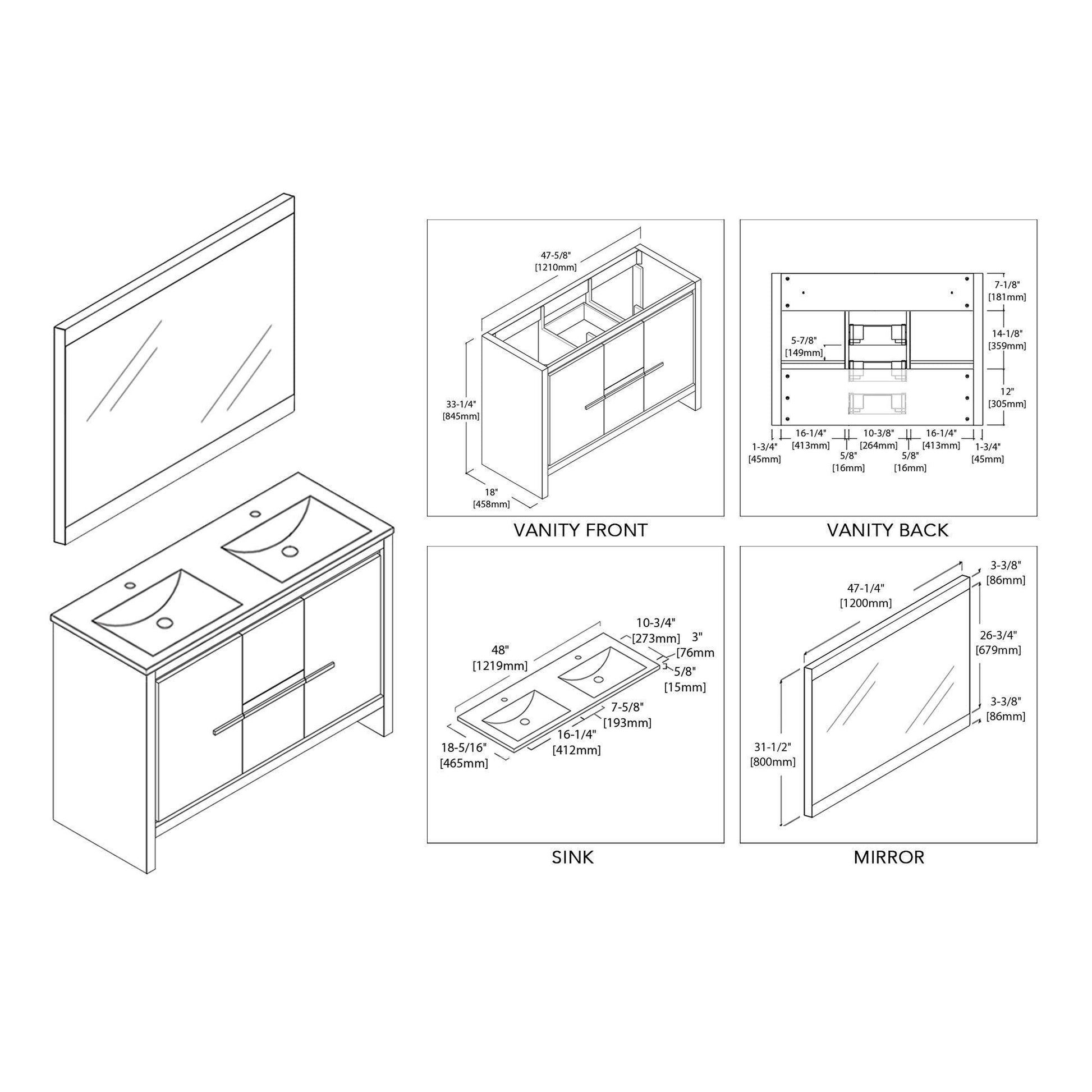 Blossom Milan 48 Inch Vanity Base in White / Silver Grey. Available with Ceramic Single Sink / Ceramic Double Sinks / Ceramic Single Sink + Mirror / Double Sinks + Mirror / Ceramic Double Sinks + Mirrored Medicine Cabinets - The Bath Vanities