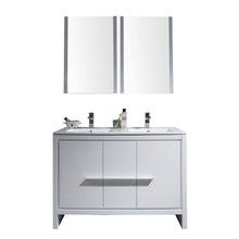 Load image into Gallery viewer, Blossom Milan 48 Inch Vanity Base in White / Silver Grey. Available with Ceramic Single Sink / Ceramic Double Sinks / Ceramic Single Sink + Mirror / Double Sinks + Mirror / Ceramic Double Sinks + Mirrored Medicine Cabinets - The Bath Vanities