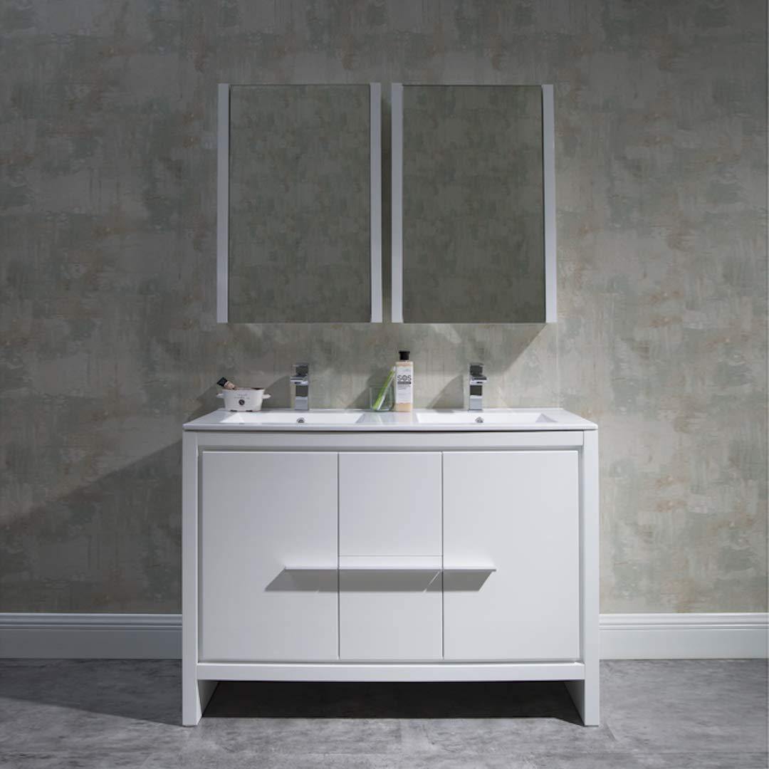 Blossom Milan 48 Inch Vanity Base in White / Silver Grey. Available with Ceramic Single Sink / Ceramic Double Sinks / Ceramic Single Sink + Mirror / Double Sinks + Mirror / Ceramic Double Sinks + Mirrored Medicine Cabinets - The Bath Vanities