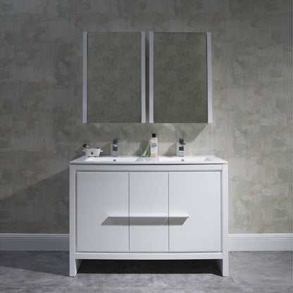 Blossom Milan 48 Inch Vanity Base in White / Silver Grey. Available with Ceramic Single Sink / Ceramic Double Sinks / Ceramic Single Sink + Mirror / Double Sinks + Mirror / Ceramic Double Sinks + Mirrored Medicine Cabinets - The Bath Vanities