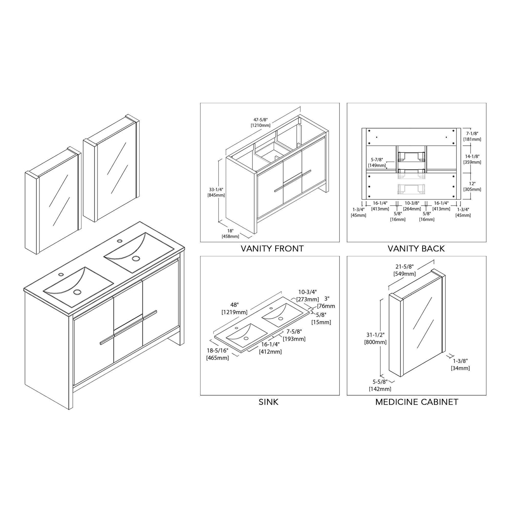 Blossom Milan 48 Inch Vanity Base in White / Silver Grey. Available with Ceramic Single Sink / Ceramic Double Sinks / Ceramic Single Sink + Mirror / Double Sinks + Mirror / Ceramic Double Sinks + Mirrored Medicine Cabinets - The Bath Vanities