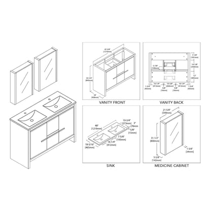 Blossom Milan 48 Inch Vanity Base in White / Silver Grey. Available with Ceramic Single Sink / Ceramic Double Sinks / Ceramic Single Sink + Mirror / Double Sinks + Mirror / Ceramic Double Sinks + Mirrored Medicine Cabinets - The Bath Vanities