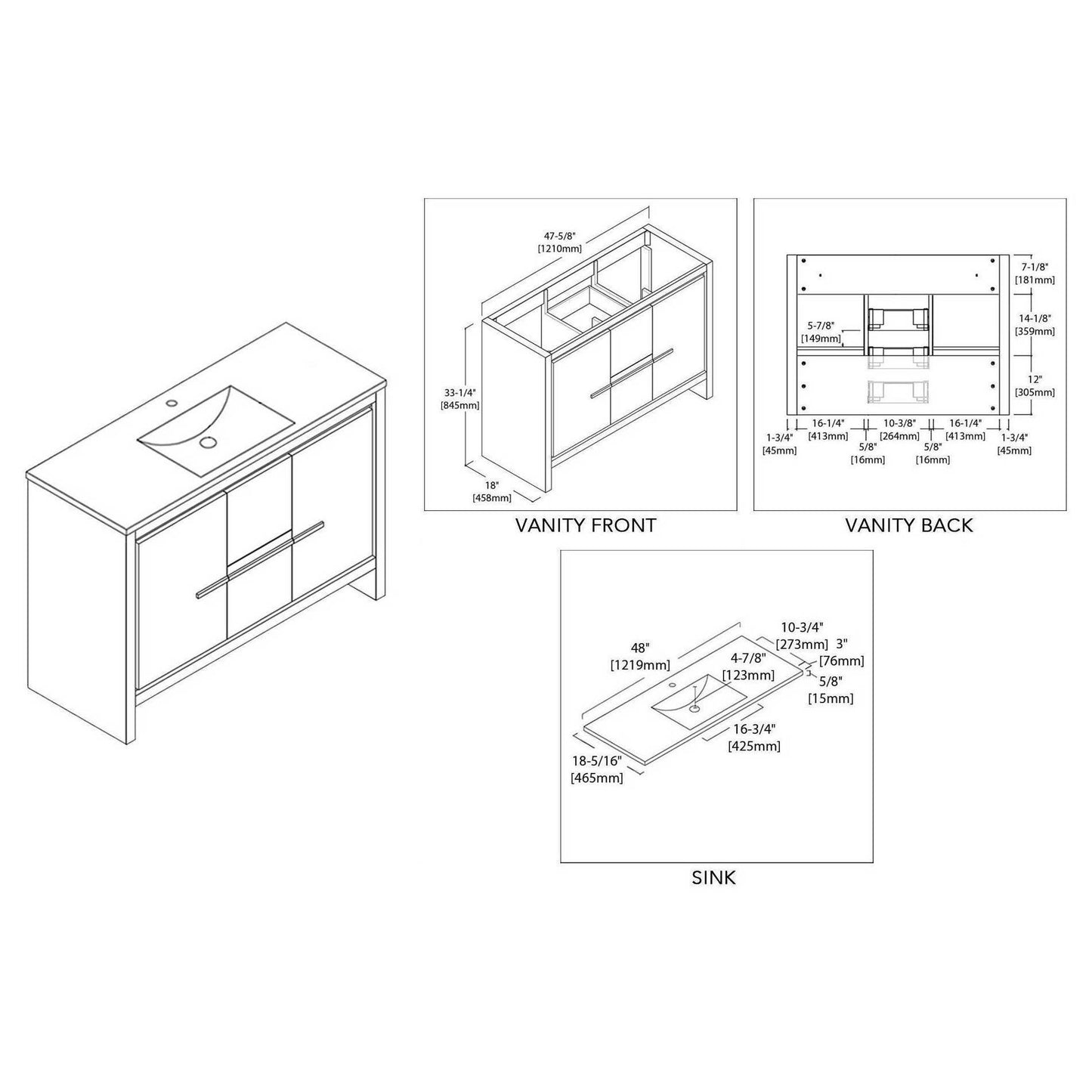 Blossom Milan 48 Inch Vanity Base in White / Silver Grey. Available with Ceramic Single Sink / Ceramic Double Sinks / Ceramic Single Sink + Mirror / Double Sinks + Mirror / Ceramic Double Sinks + Mirrored Medicine Cabinets - The Bath Vanities