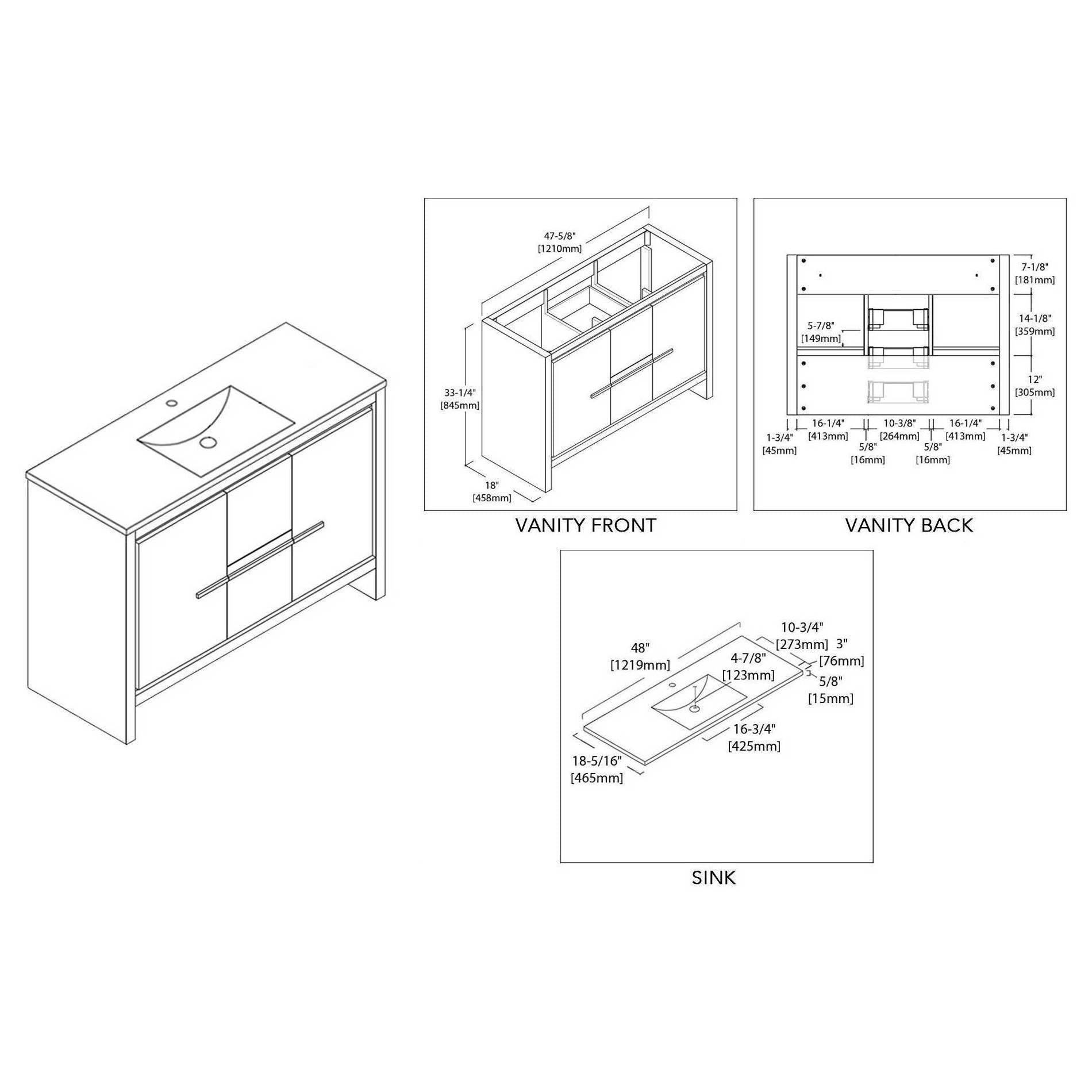 Blossom Milan 48 Inch Vanity Base in White / Silver Grey. Available with Ceramic Single Sink / Ceramic Double Sinks / Ceramic Single Sink + Mirror / Double Sinks + Mirror / Ceramic Double Sinks + Mirrored Medicine Cabinets - The Bath Vanities