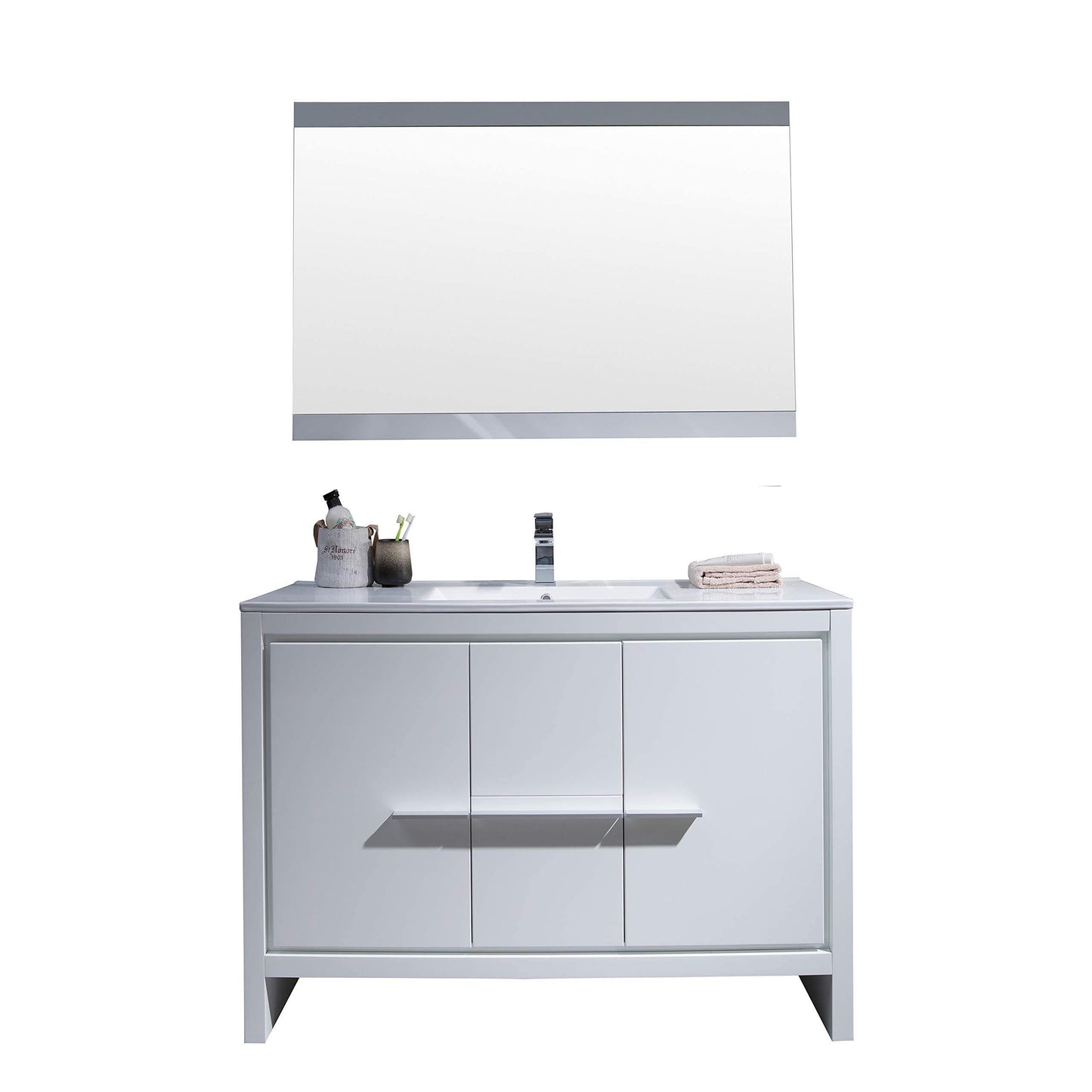 Blossom Milan 48 Inch Vanity Base in White / Silver Grey. Available with Ceramic Single Sink / Ceramic Double Sinks / Ceramic Single Sink + Mirror / Double Sinks + Mirror / Ceramic Double Sinks + Mirrored Medicine Cabinets - The Bath Vanities