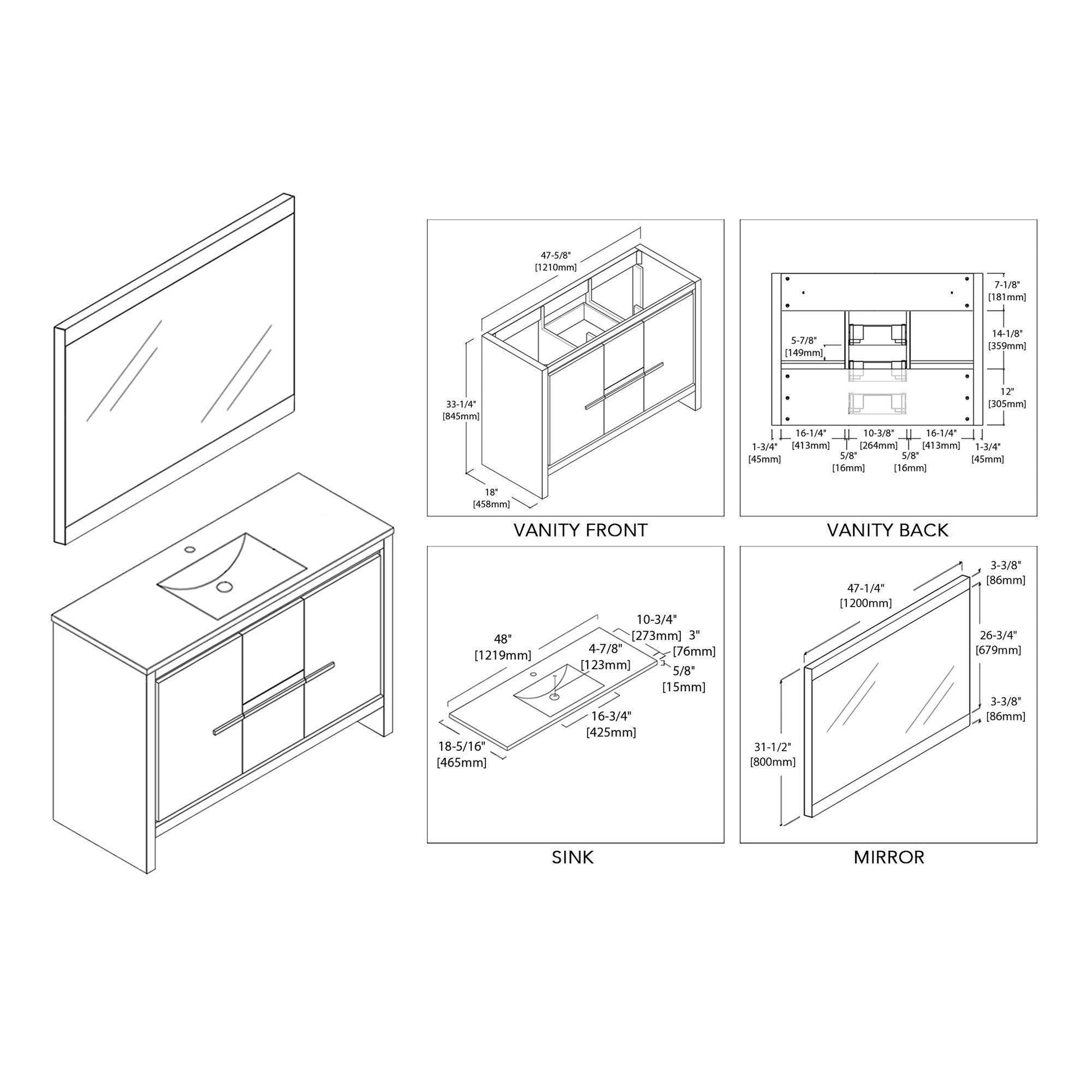 Blossom Milan 48 Inch Vanity Base in White / Silver Grey. Available with Ceramic Single Sink / Ceramic Double Sinks / Ceramic Single Sink + Mirror / Double Sinks + Mirror / Ceramic Double Sinks + Mirrored Medicine Cabinets - The Bath Vanities