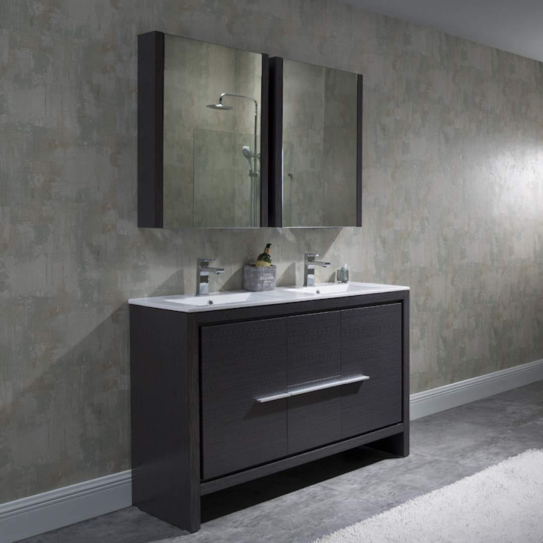 Blossom Milan 48 Inch Vanity Base in White / Silver Grey. Available with Ceramic Single Sink / Ceramic Double Sinks / Ceramic Single Sink + Mirror / Double Sinks + Mirror / Ceramic Double Sinks + Mirrored Medicine Cabinets - The Bath Vanities