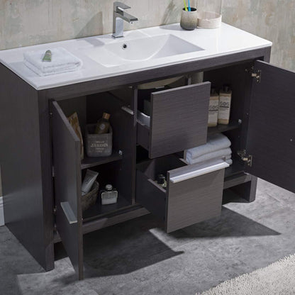 Blossom Milan 48 Inch Vanity Base in White / Silver Grey. Available with Ceramic Single Sink / Ceramic Double Sinks / Ceramic Single Sink + Mirror / Double Sinks + Mirror / Ceramic Double Sinks + Mirrored Medicine Cabinets - The Bath Vanities