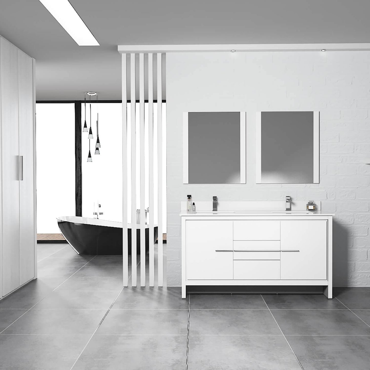 Blossom Milan 60 Inch Vanity Base in White / Silver Grey. Available with Ceramic Sink / Ceramic Sink + Mirror / Ceramic Sink + Mirrored Medicine Cabinet - The Bath Vanities