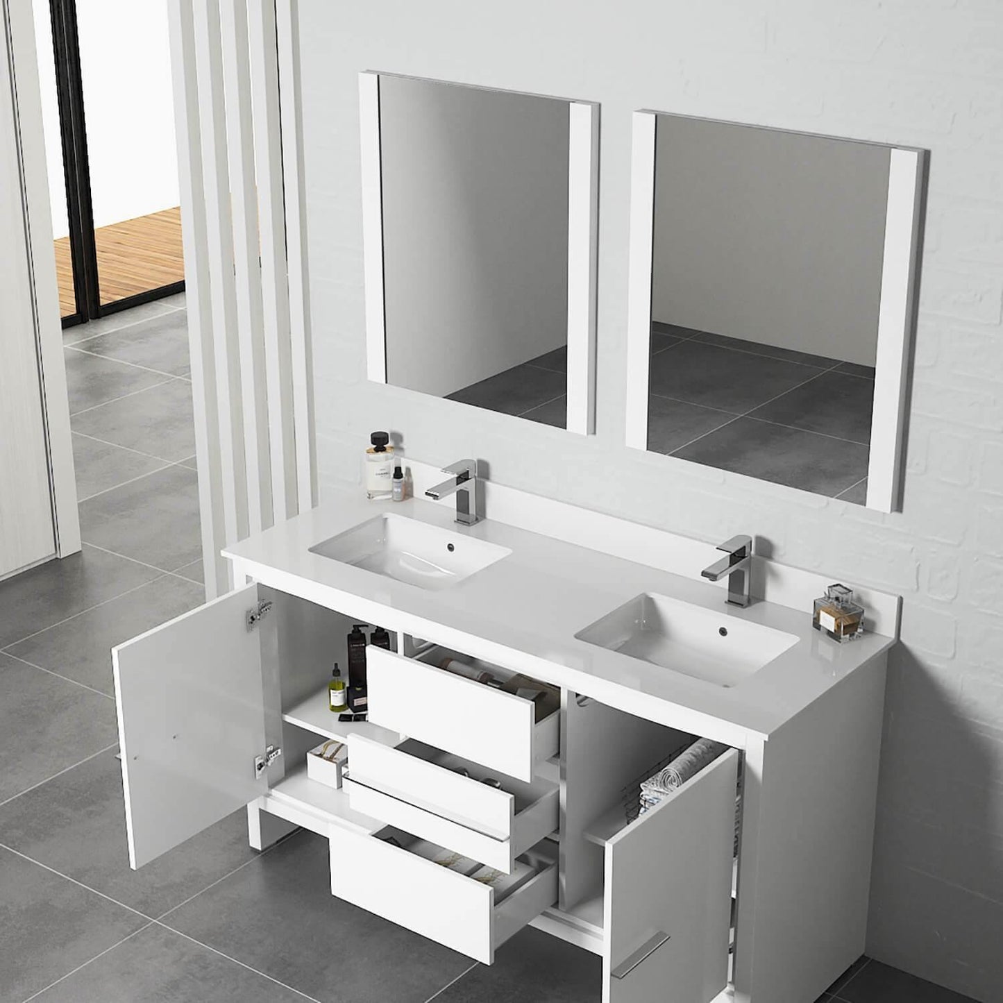 Blossom Milan 60 Inch Vanity Base in White / Silver Grey. Available with Ceramic Sink / Ceramic Sink + Mirror / Ceramic Sink + Mirrored Medicine Cabinet - The Bath Vanities