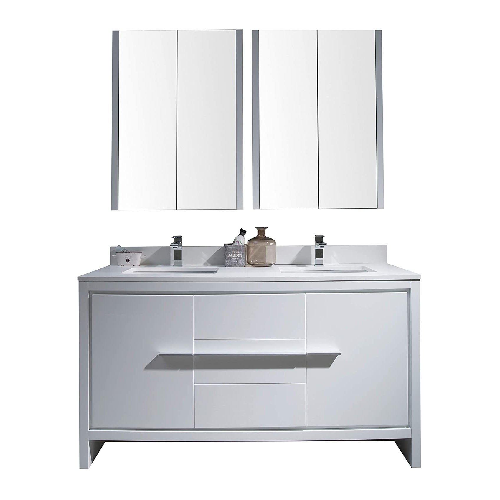 Blossom Milan 60 Inch Vanity Base in White / Silver Grey. Available with Ceramic Sink / Ceramic Sink + Mirror / Ceramic Sink + Mirrored Medicine Cabinet - The Bath Vanities