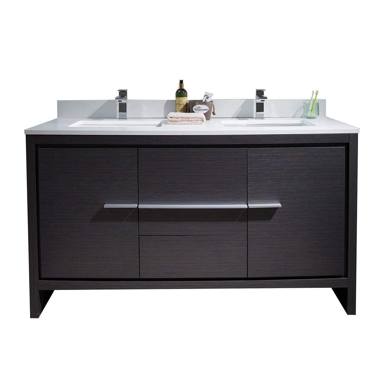 Blossom Milan 60 Inch Vanity Base in White / Silver Grey. Available with Ceramic Sink / Ceramic Sink + Mirror / Ceramic Sink + Mirrored Medicine Cabinet - The Bath Vanities