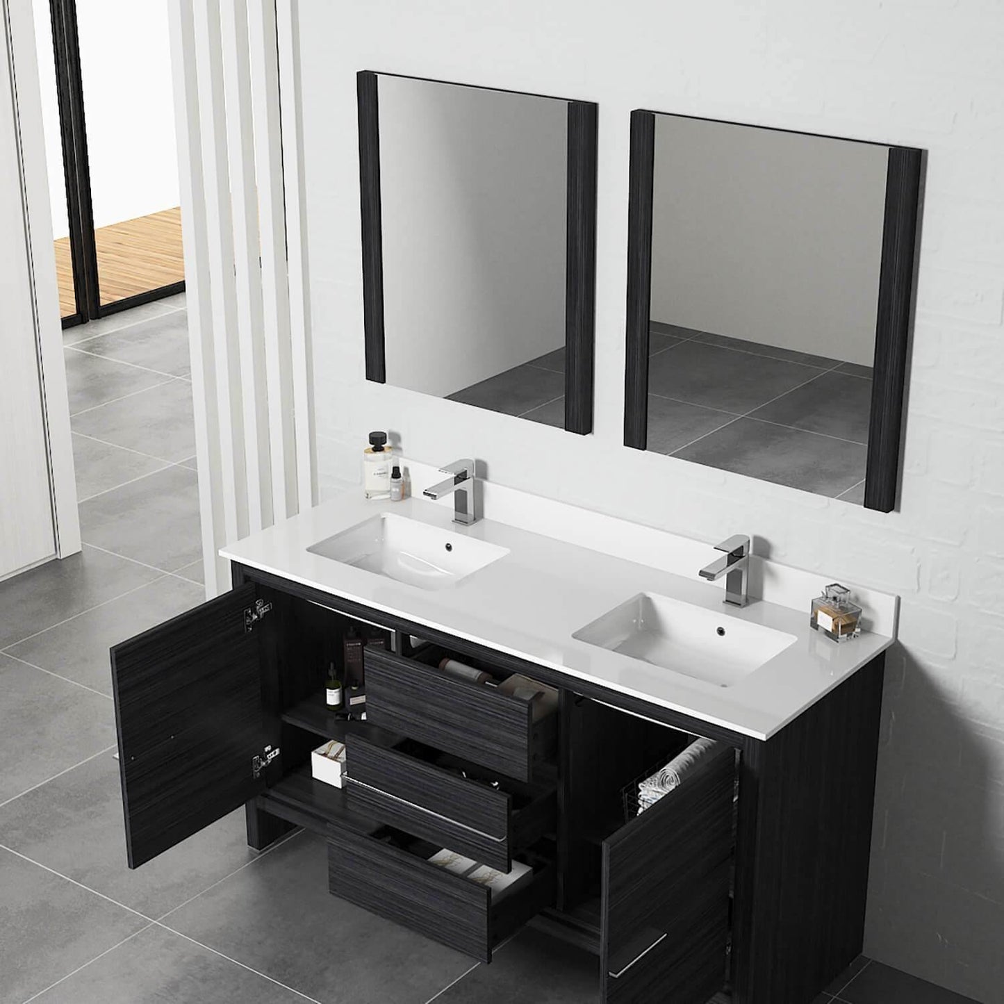 Blossom Milan 60 Inch Vanity Base in White / Silver Grey. Available with Ceramic Sink / Ceramic Sink + Mirror / Ceramic Sink + Mirrored Medicine Cabinet - The Bath Vanities