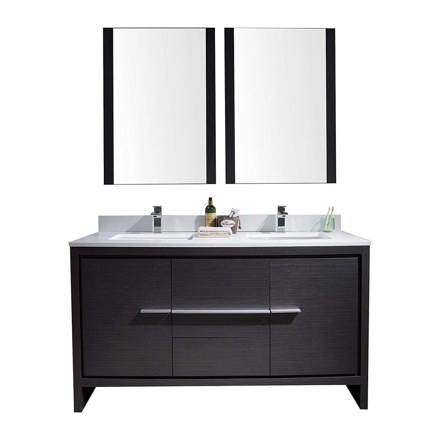 Blossom Milan 60 Inch Vanity Base in White / Silver Grey. Available with Ceramic Sink / Ceramic Sink + Mirror / Ceramic Sink + Mirrored Medicine Cabinet - The Bath Vanities