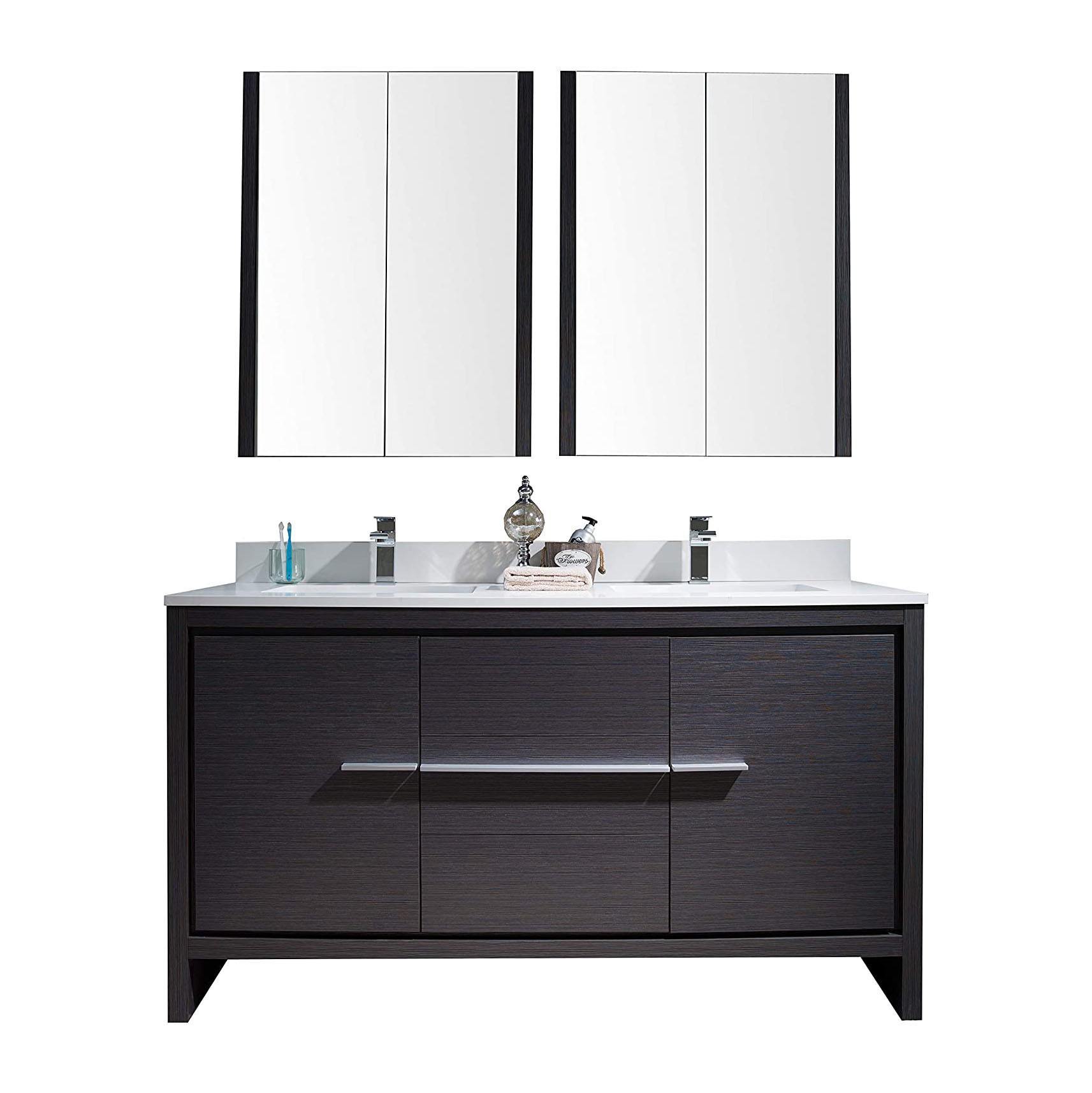 Blossom Milan 60 Inch Vanity Base in White / Silver Grey. Available with Ceramic Sink / Ceramic Sink + Mirror / Ceramic Sink + Mirrored Medicine Cabinet - The Bath Vanities