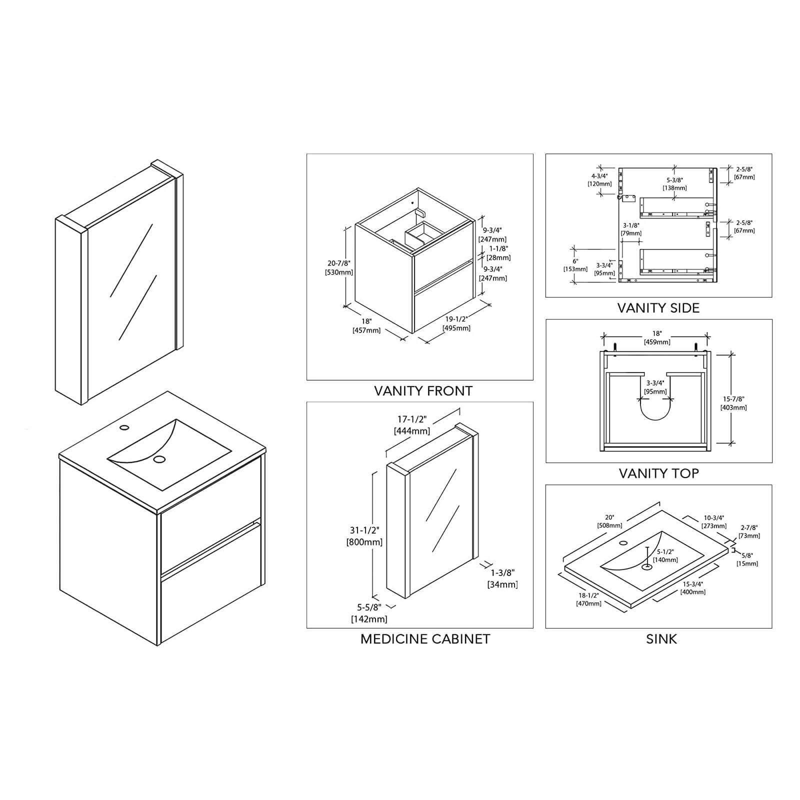 Blossom Valencia 20" Single Vanity, Mirror, Mirrored Medicine Cabinet