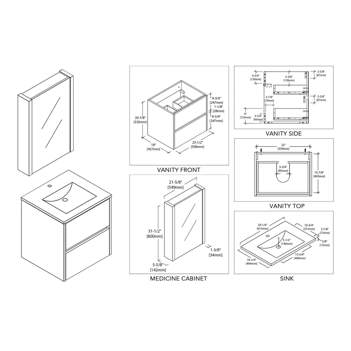 Blossom Valencia 36 Inch Single Vanity Base in White or Silver Grey. Available with Ceramic Sink, Mirror, Mirrored Medicine Cabinet - The Bath Vanities