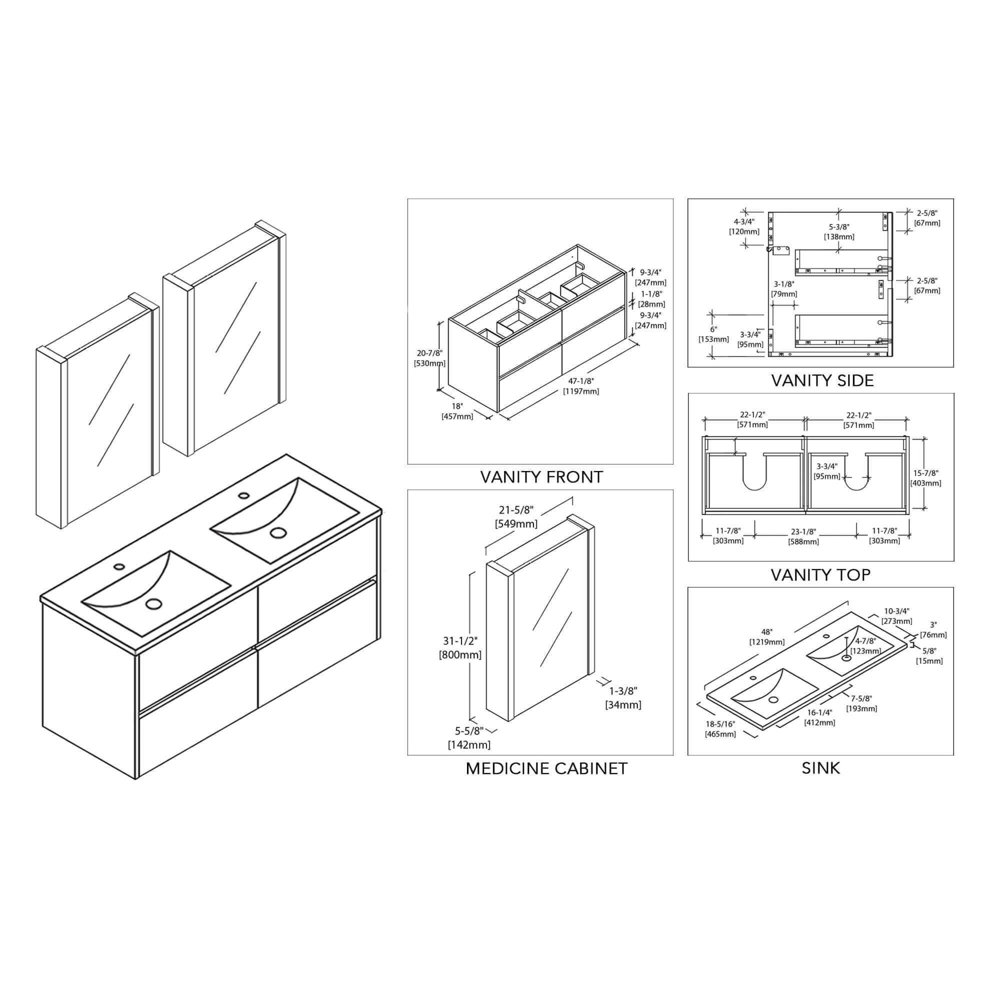 Blossom Valencia 48" Double Vanity, Mirror, Mirrored Medicine Cabinet