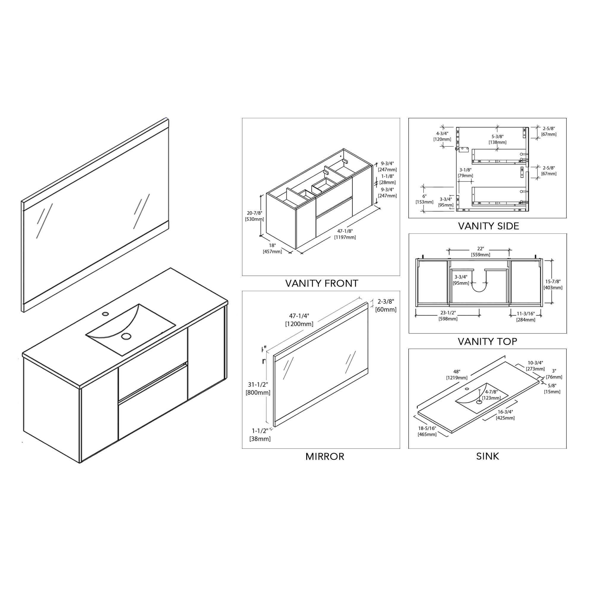 Blossom Valencia 48" Single Vanity, Mirror, Mirrored Medicine Cabinet