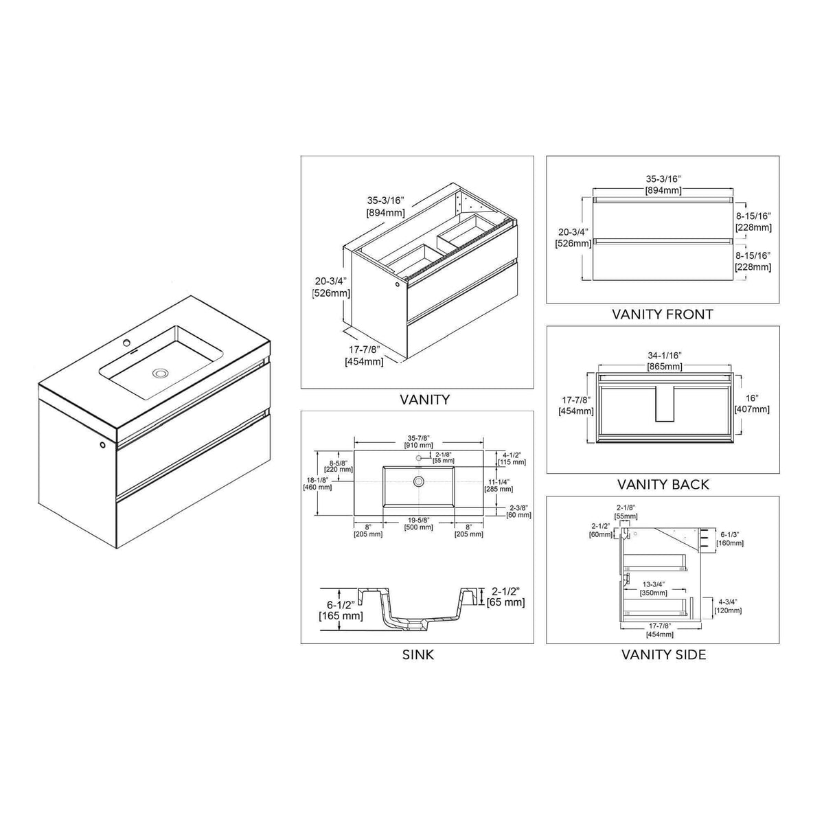 Blossom Jena 36 Inch Vanity Base in Calacatta White / Light Grey. Available with Ceramic Sink / Acrylic Sink - The Bath Vanities