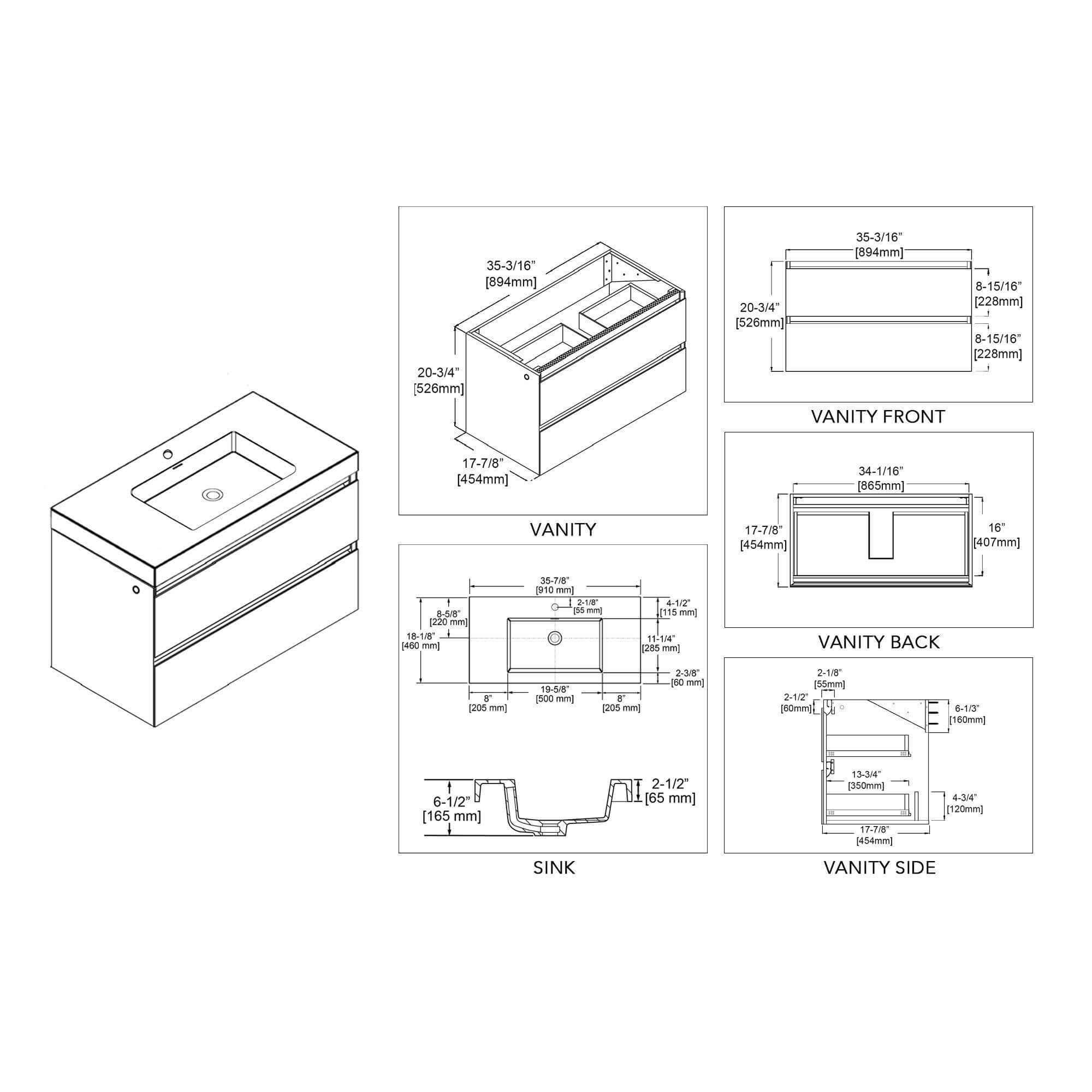 Blossom Jena 36 Inch Vanity Base in Calacatta White / Light Grey. Available with Ceramic Sink / Acrylic Sink - The Bath Vanities
