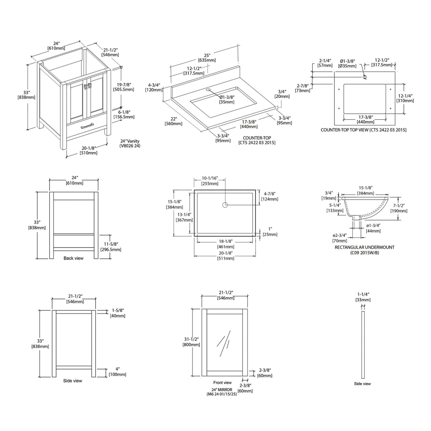 Blossom Geneva Freestanding Bathroom Vanity With Countertop, Undermount Sink & Mirror, White, spec 24"