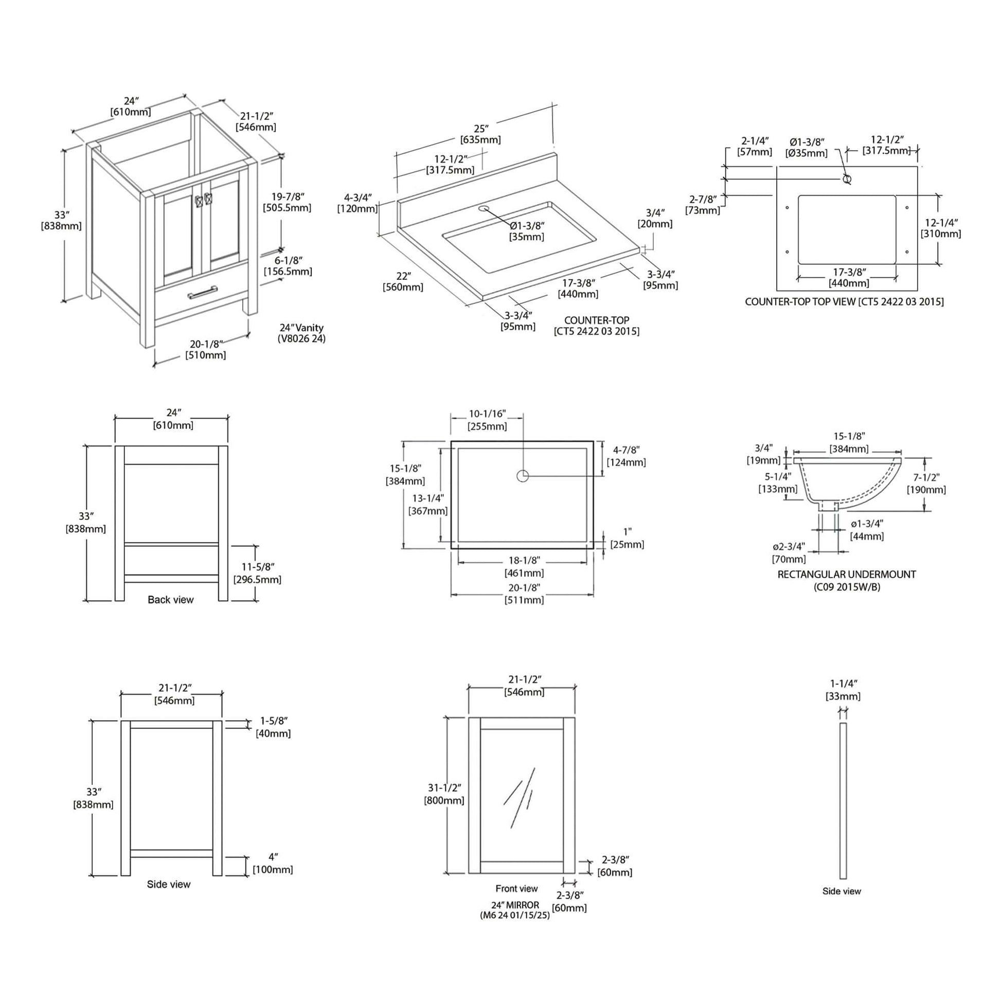 Blossom Geneva Freestanding Bathroom Vanity With Countertop, Undermount Sink & Mirror, White, spec 24"