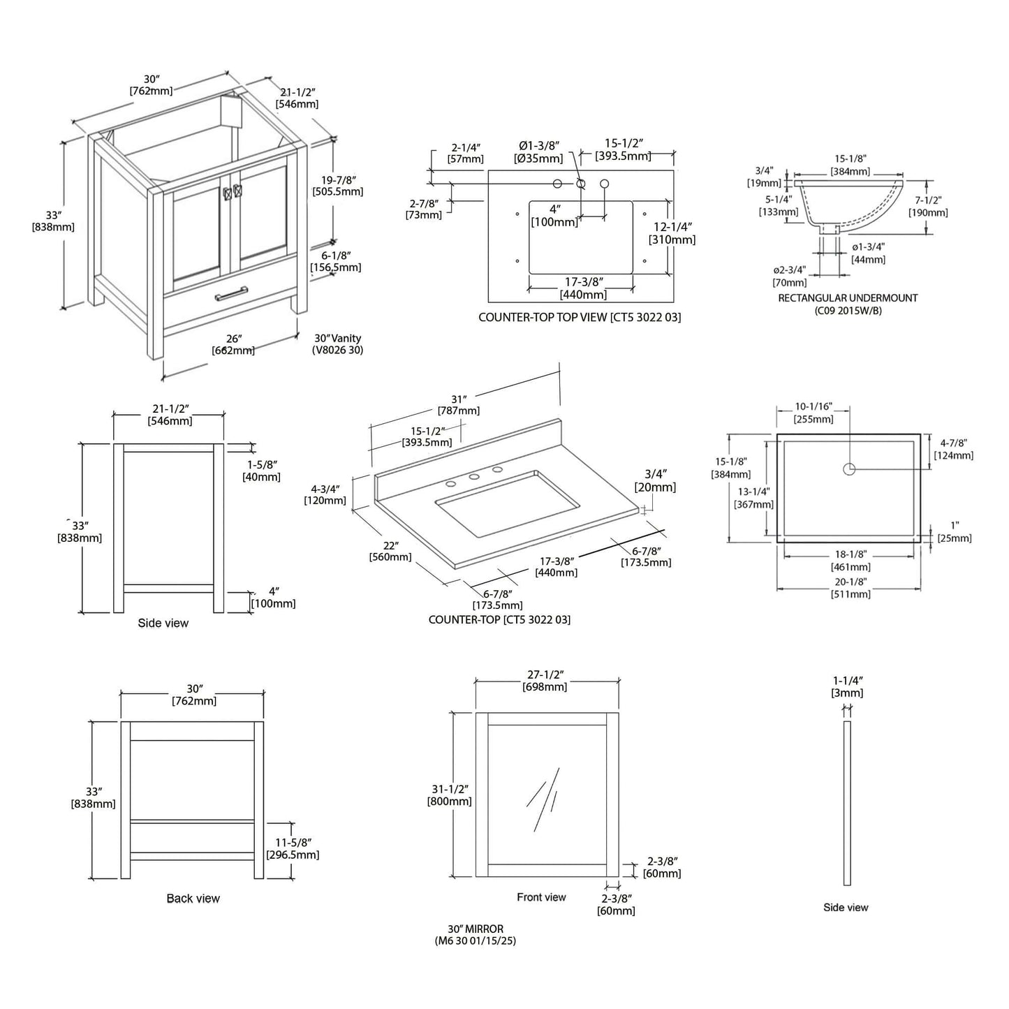 Blossom Geneva Freestanding Bathroom Vanity With Countertop, Undermount Sink & Mirror, 30", White spec