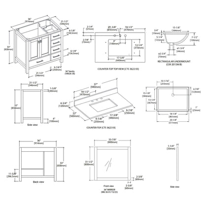 Blossom Geneva Freestanding Bathroom Vanity With Countertop, Undermount Sink & Mirror, 36", White spec