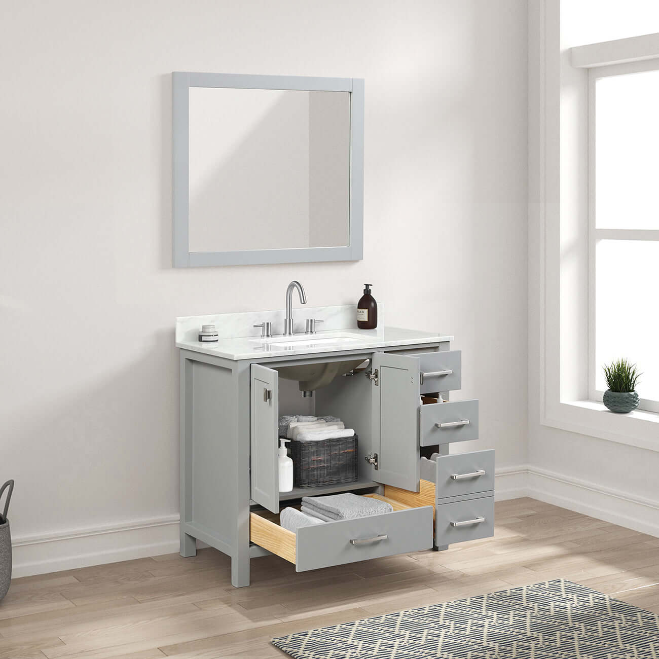 Blossom Geneva Freestanding Bathroom Vanity With Countertop, Undermount Sink & Mirror, 36", Gray open