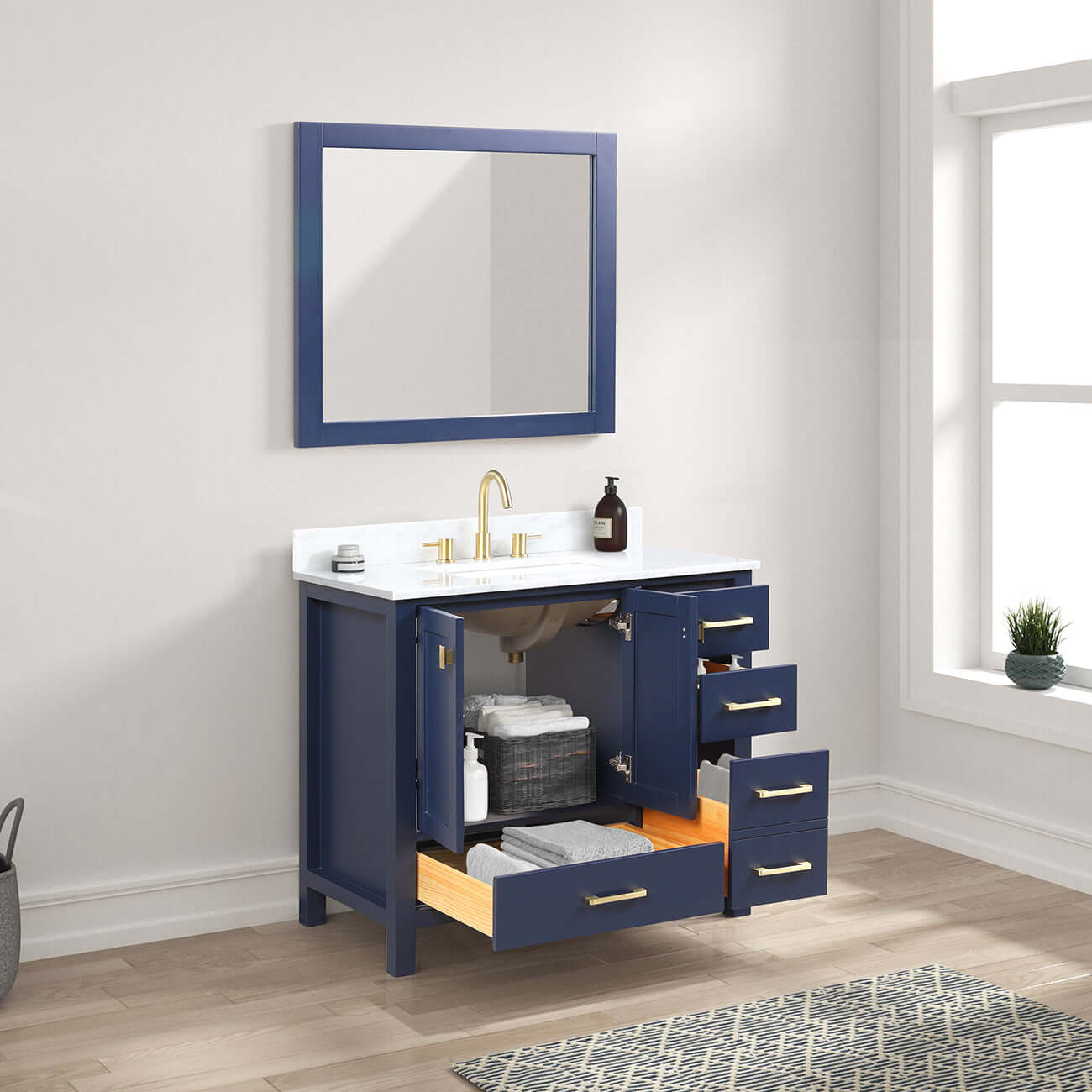 Blossom Geneva Freestanding Bathroom Vanity With Countertop, Undermount Sink & Mirror, 36", Blue open