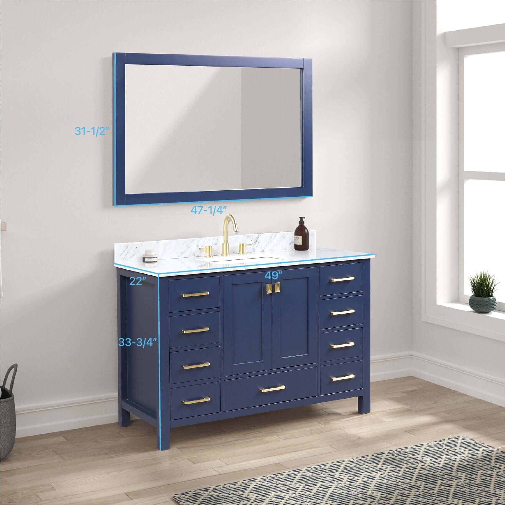 Blossom Geneva Freestanding Bathroom Vanity With Countertop, Undermount Sink & Mirror, 48", Blue