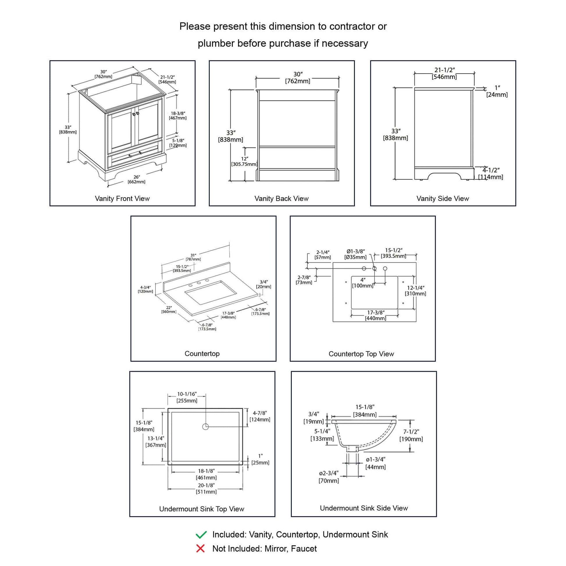 Blossom Copenhagen Freestanding Bathroom Vanity With Countertop & Undermount Sink, White, 30" spec