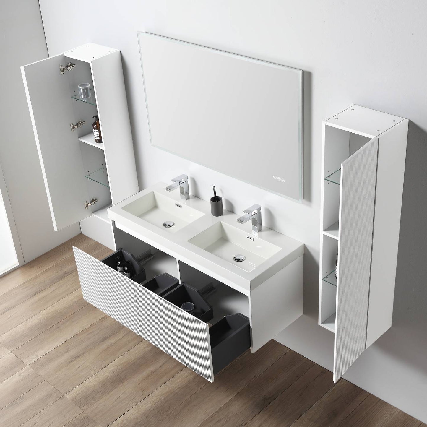 Blossom Positano 48" Floating Bathroom Vanity & 2 Side Cabinet, White, Double Sink open