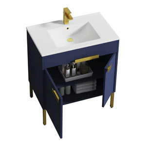 Blossom Bari 24", 30", or 36" Freestanding Bathroom Vanity with Ceramic Sink, 30", Blue, open