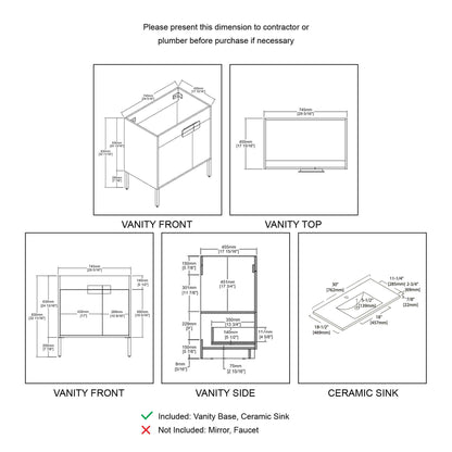 Blossom Bari 24", 30", or 36" Freestanding Bathroom Vanity with Ceramic Sink, 30", installation