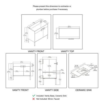 Blossom Bari 24", 30", or 36" Freestanding Bathroom Vanity with Ceramic Sink, 36", installation