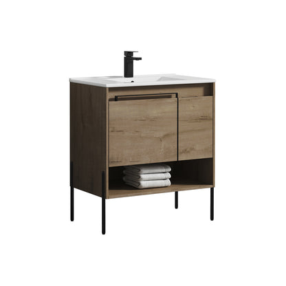 Blossom Turin Compact FreeStanding Vanity with Ceramic Sink for Small Bathrooms, 30", Classic Oak