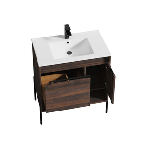 Blossom Turin Compact FreeStanding Vanity with Ceramic Sink for Small Bathrooms, 30", Cali Walnut