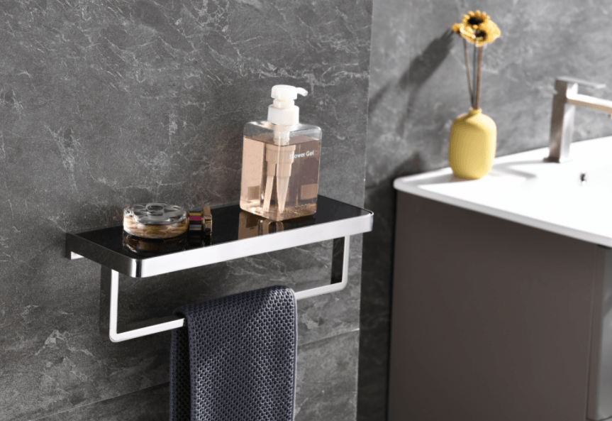 Lexora Bagno Bianca Black / White Glass Shelf w/ Towel Bar