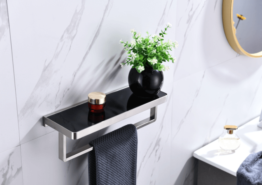 Lexora Bagno Bianca Black / White Glass Shelf w/ Towel Bar