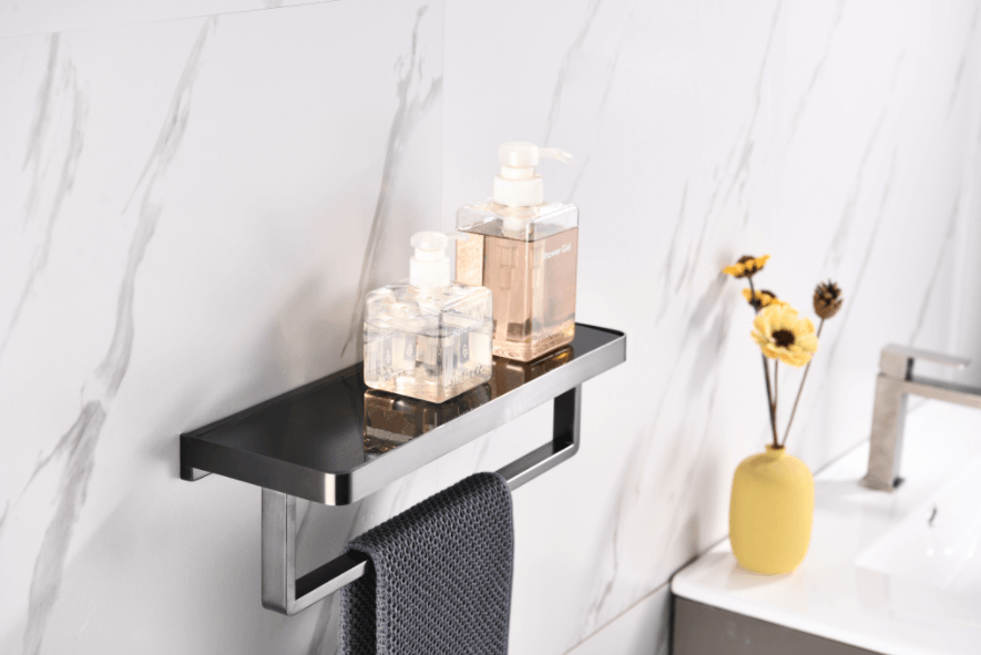 Lexora Bagno Bianca Black / White Glass Shelf w/ Towel Bar