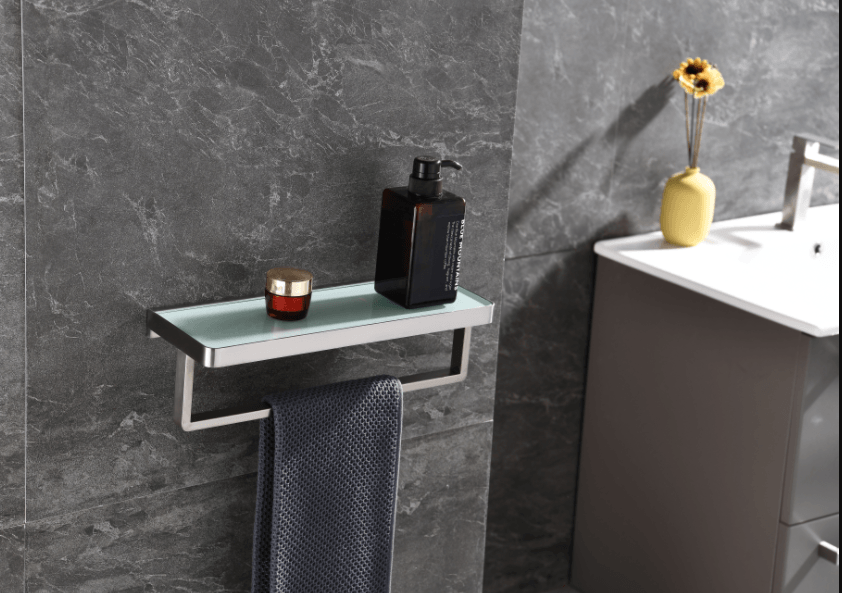 Lexora Bagno Bianca Black / White Glass Shelf w/ Towel Bar