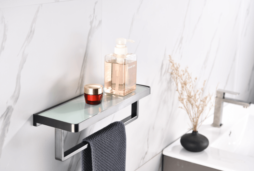 Lexora Bagno Bianca Black / White Glass Shelf w/ Towel Bar