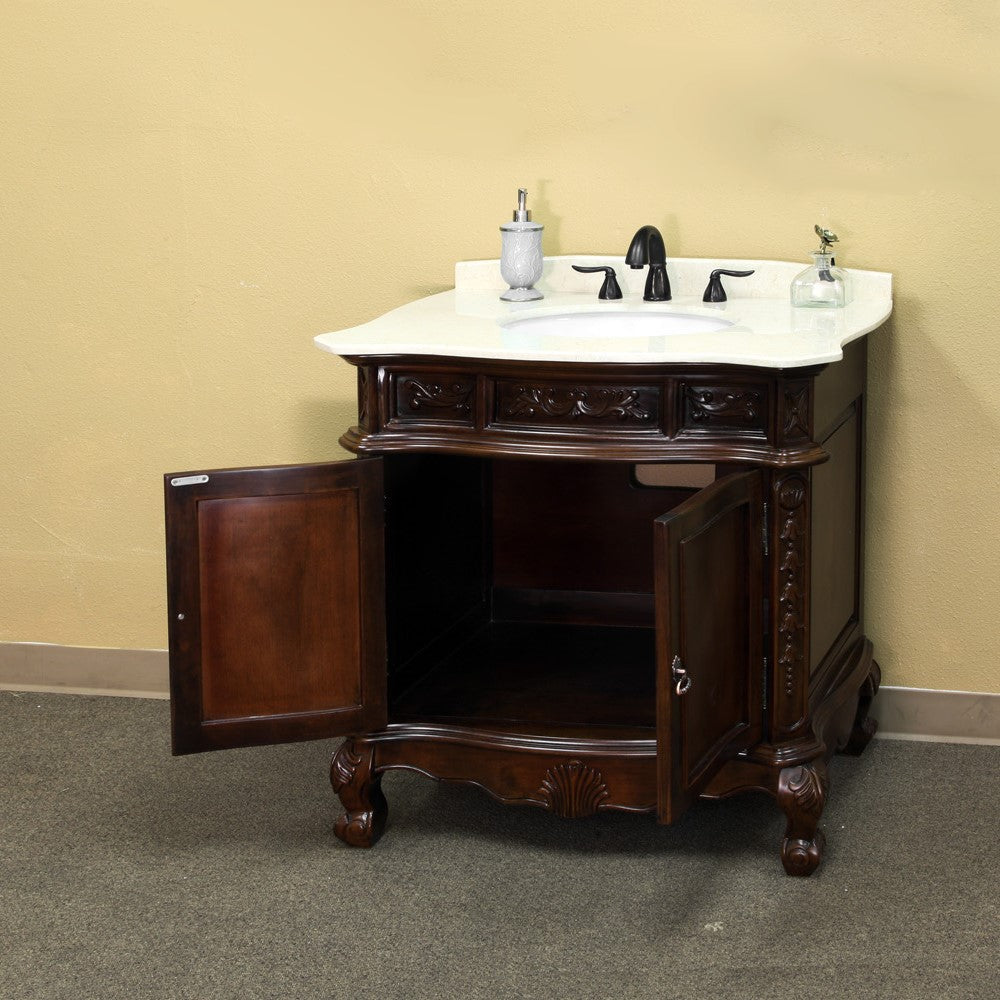 Bellaterra 34.6 In. Single Sink Vanity-Wood-Walnut Cream Marble Top 202016A-S-CR open