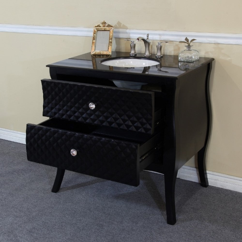 Bellaterra 35.4 in Single Sink Vanity-Wood-Black 203057B-WH Black Granite, Open Drawers