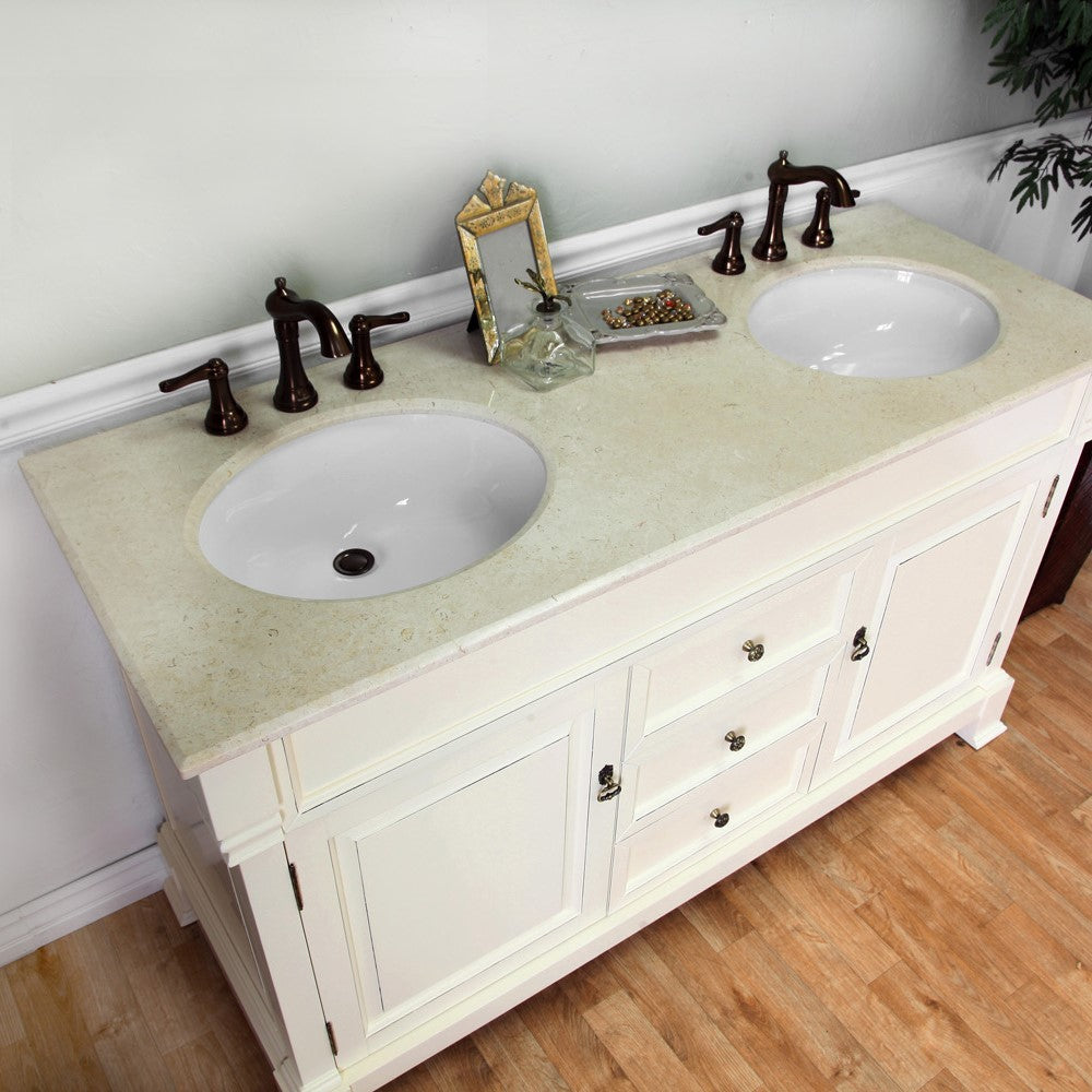 Bellaterra 60 in Double Sink Vanity-Wood 205060-D-CR-ES-WH, cream white (rub edge) / Cream Marble, Top view of sinks